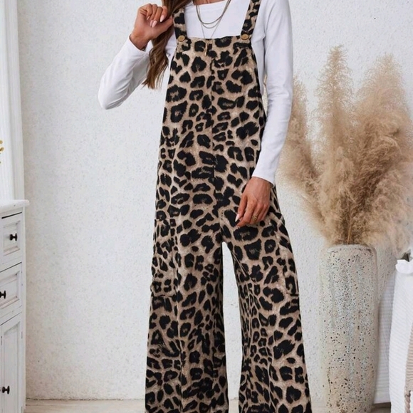 Women's Casual Leopard Print Pocket Loose Jumpsuit Cheetah Print - Picture 3 of 6
